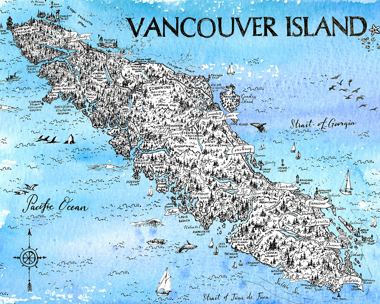 Vancouver Island Map, BC, Canada - Watercolor Art Print