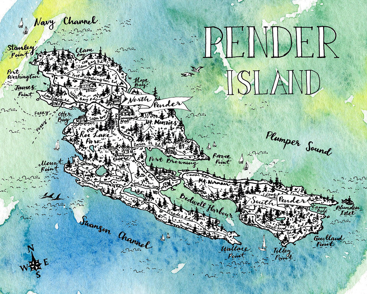 Pender Island Map, BC, Canada - Watercolor Art Print