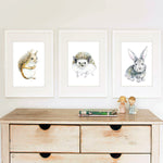 Load image into Gallery viewer, Woodland Baby Animal Nursery Art Prints - Set of 3 - Baby Squirrel, Baby Hedgehog, Baby Bunny
