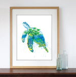 Load image into Gallery viewer, &quot;Honu&quot; Green Sea Turtle Tropical Watercolor Art Print - Double Exposure Painting
