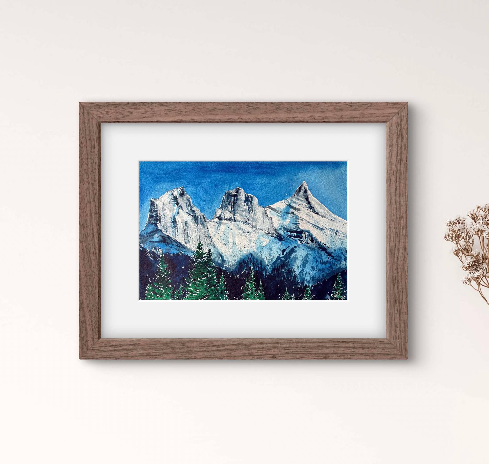 Three Sisters, Canmore Mountains Original Watercolor Painting