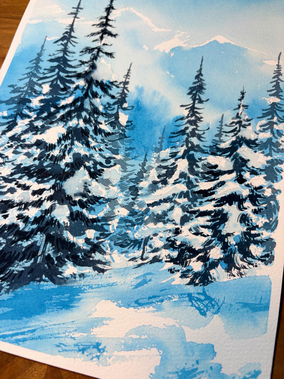 Frozen Heights - Winter Mountains Original Watercolor Painting