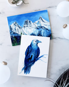 "Twilight Raven" Raven Crow Wolf Spirit Animal - Double Exposure Night Forest Watercolor Print