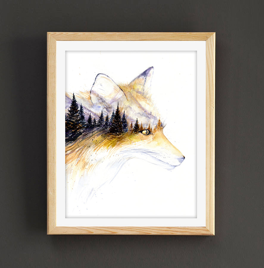 "Little Fox Portrait" Winter Fall Forest Watercolor Art Print - Double Exposure Painting