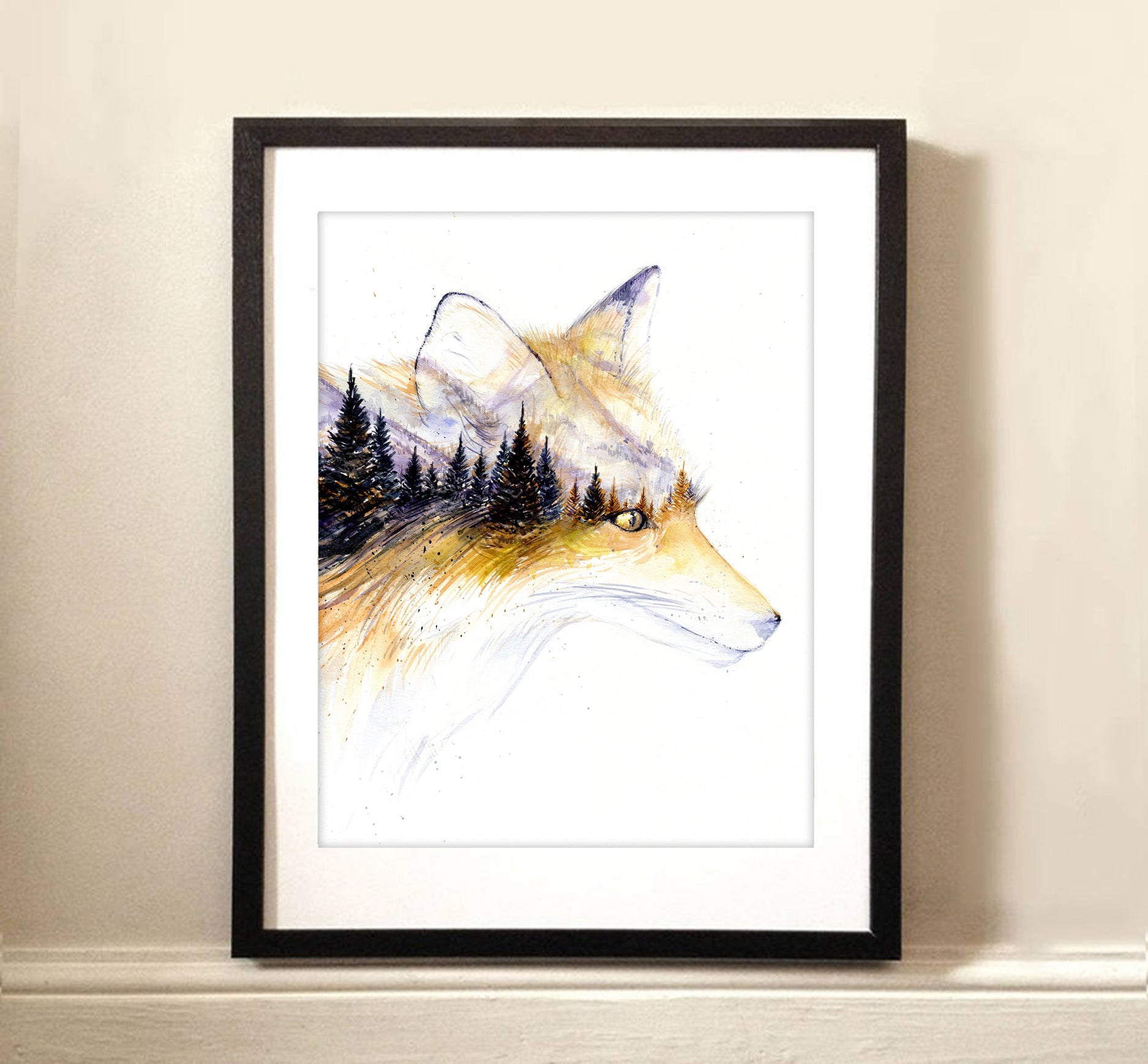 "Little Fox Portrait" Winter Fall Forest Watercolor Art Print - Double Exposure Painting