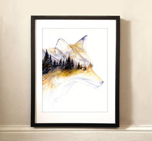 "Little Fox Portrait" Winter Fall Forest Watercolor Art Print - Double Exposure Painting