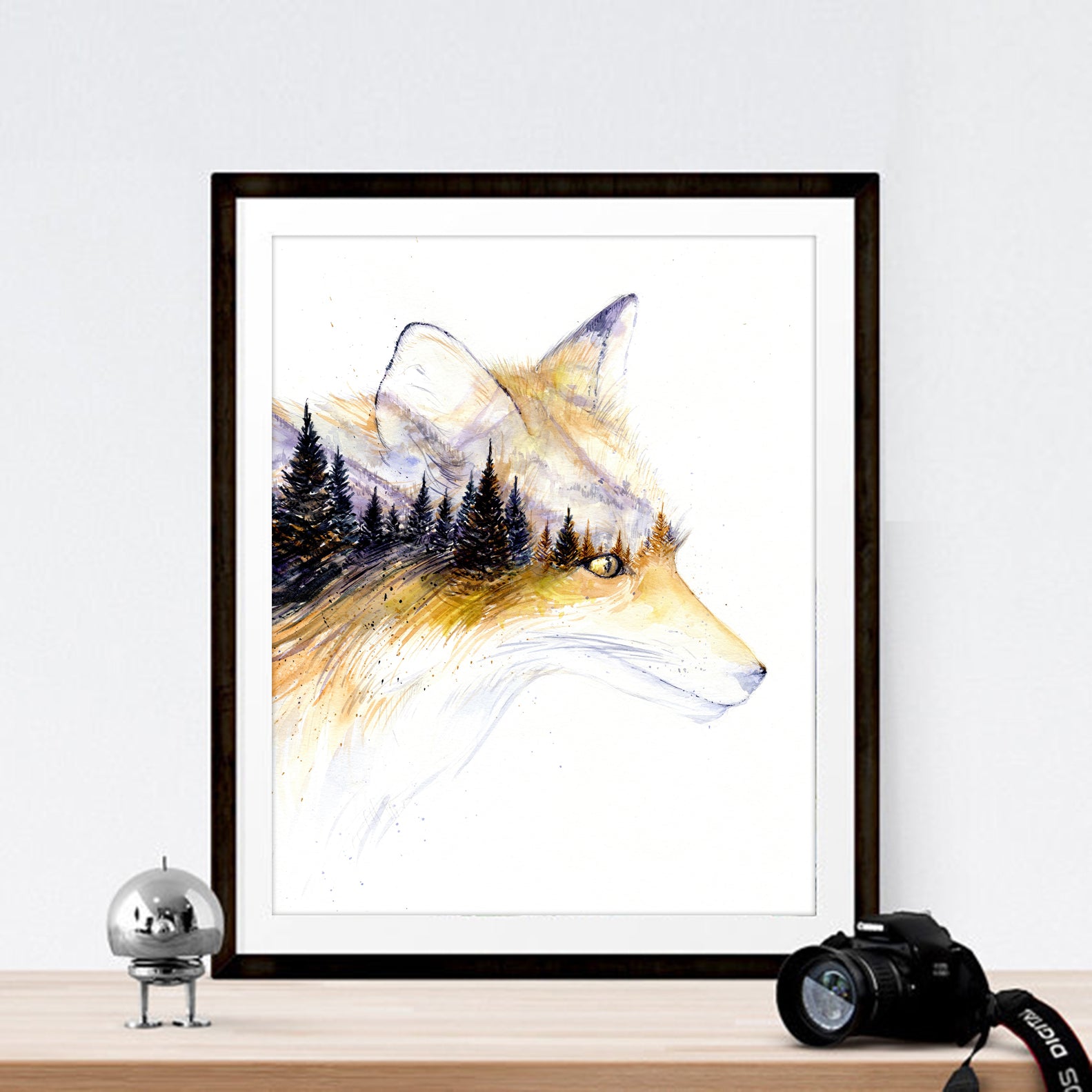 "Little Fox Portrait" Winter Fall Forest Watercolor Art Print - Double Exposure Painting