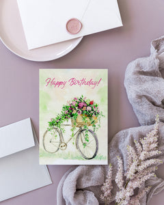 Happy Birthday "Floral Bike" Watercolour Card