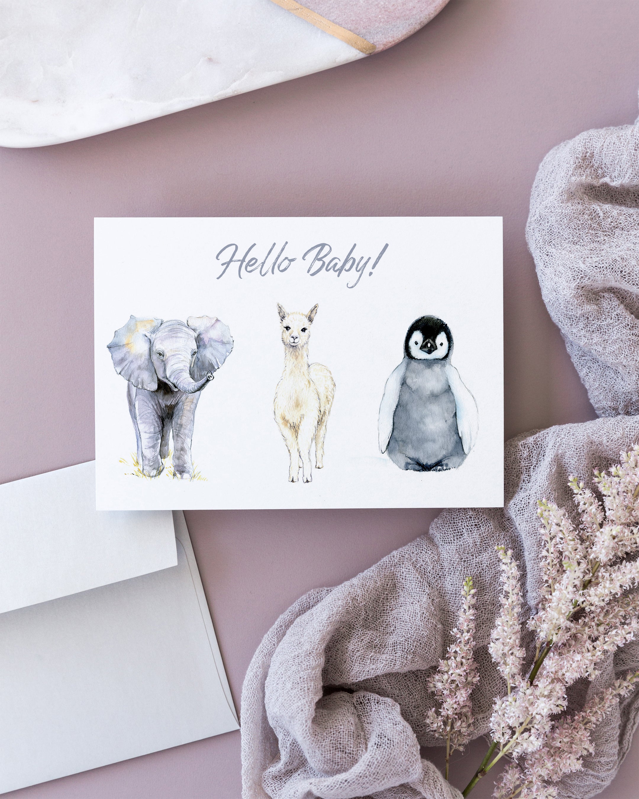Cute Baby Animals "Hello Baby" Watercolour Card