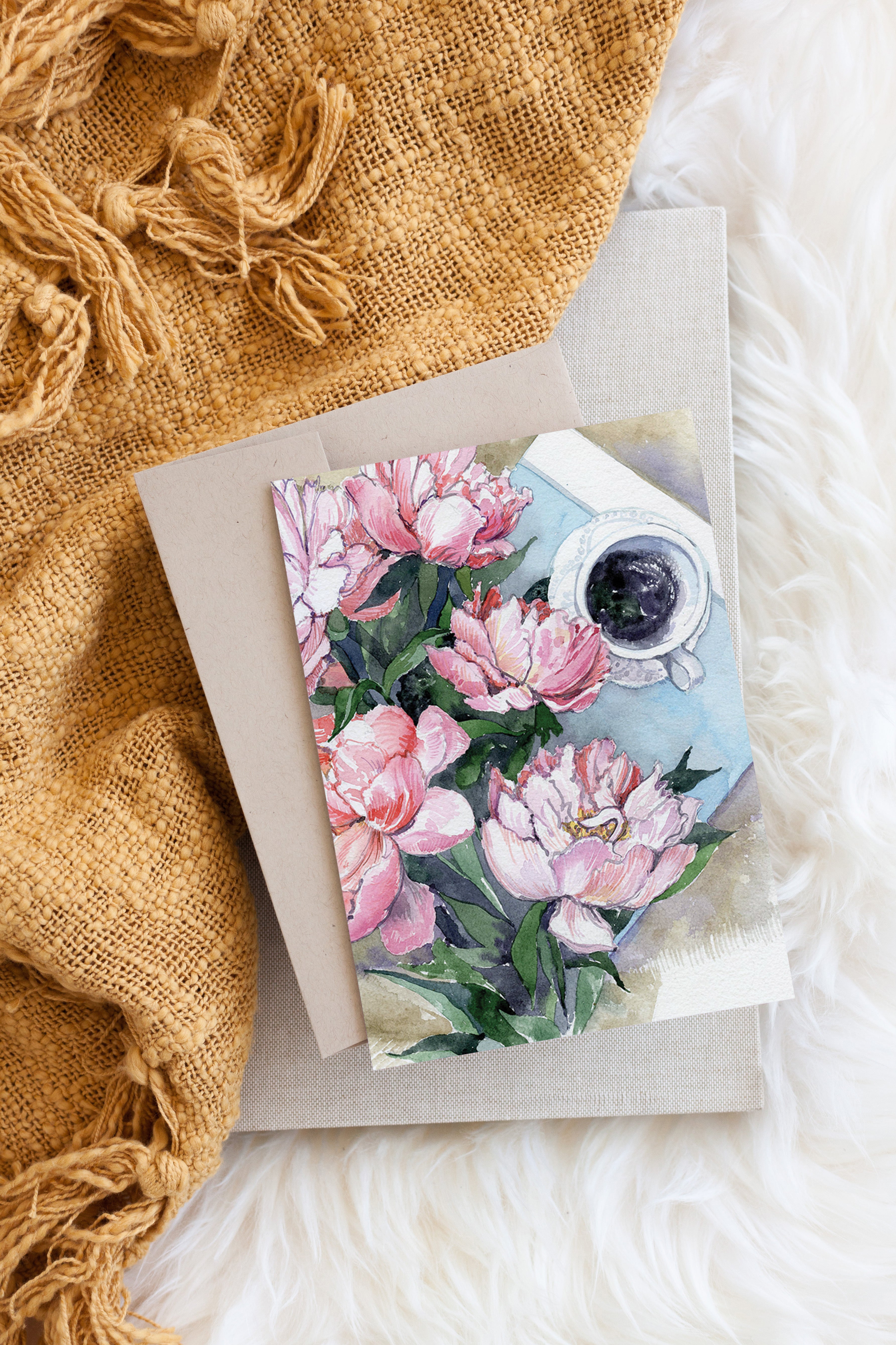 Morning Peonies Floral Watercolour Card