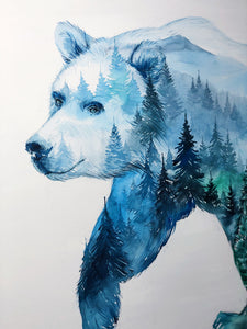 "Mountain Bear" Watercolor Art Print - Double exposure Fog Mountains Forest Painting