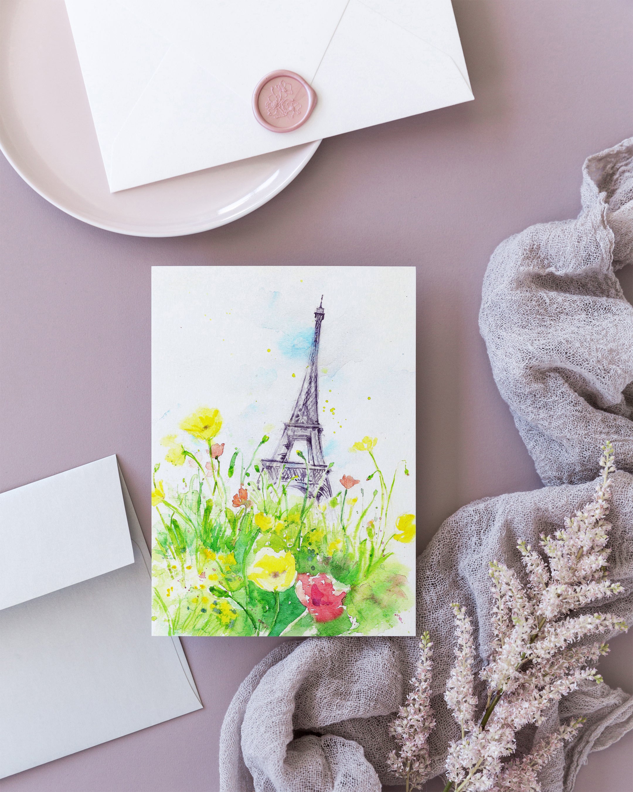 Paris Eiffel Tower Floral Watercolour Card