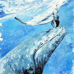 "Under Water" Mama and Baby Humpback Whales Original Watercolor Painting