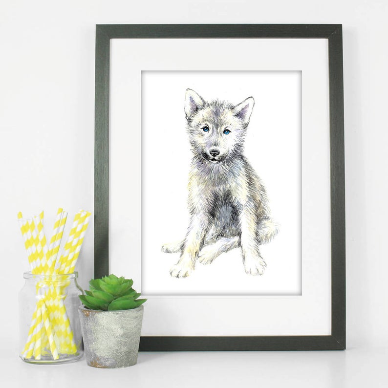 Baby Wolf Watercolour Nursery Print