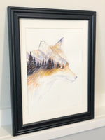 Load image into Gallery viewer, &quot;Little Fox Portrait&quot; Double Exposure Mountains and Forest Original Watercolour Painting
