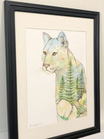 Load image into Gallery viewer, &quot;Big Mountain Cat&quot; Cougar Double Exposure Mountains &amp; Forest Original Watercolour Painting

