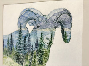 "The Ram" Bighorn Sheep Double exposure Mountains, Forest and Lake Original Watercolour Painting