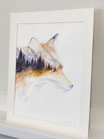 Load image into Gallery viewer, &quot;Little Fox Portrait&quot; Double Exposure Mountains and Forest Original Watercolour Painting
