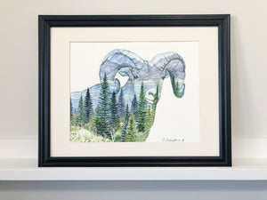 "The Ram" Bighorn Sheep Double exposure Mountains, Forest and Lake Original Watercolour Painting