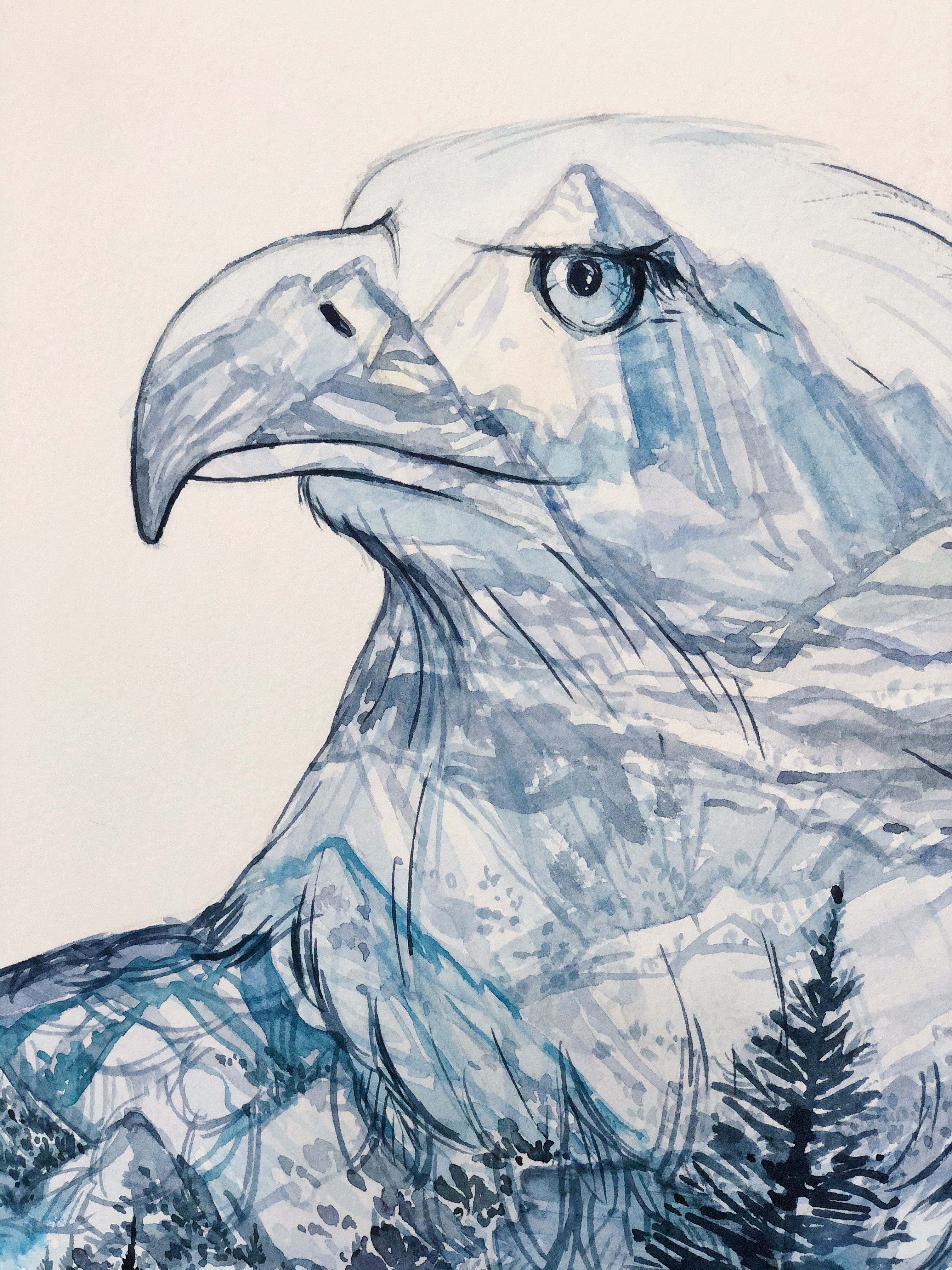 "Mountain Eagle" Double exposure Lake and Forest Original Watercolour Painting 11x14