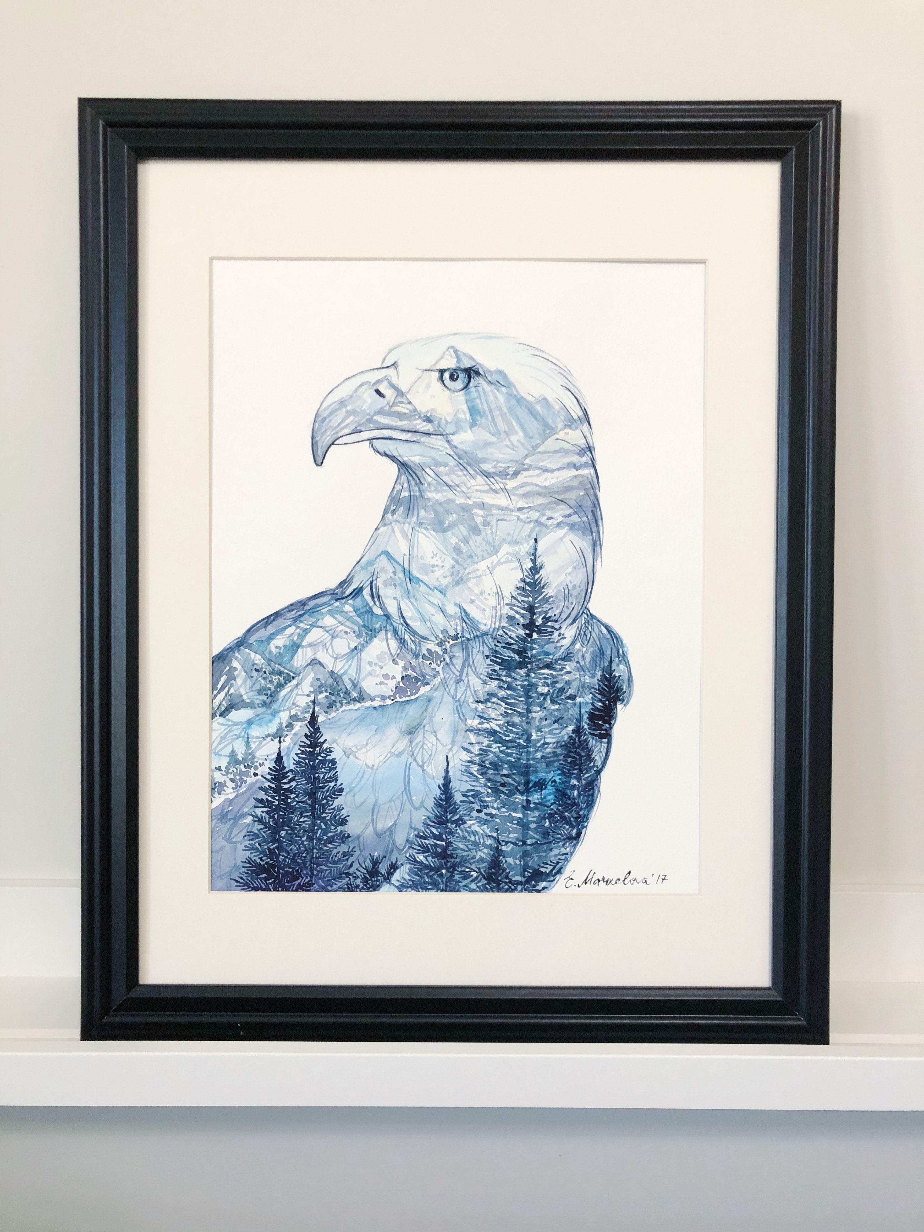 "Mountain Eagle" Double exposure Lake and Forest Original Watercolour Painting 11x14
