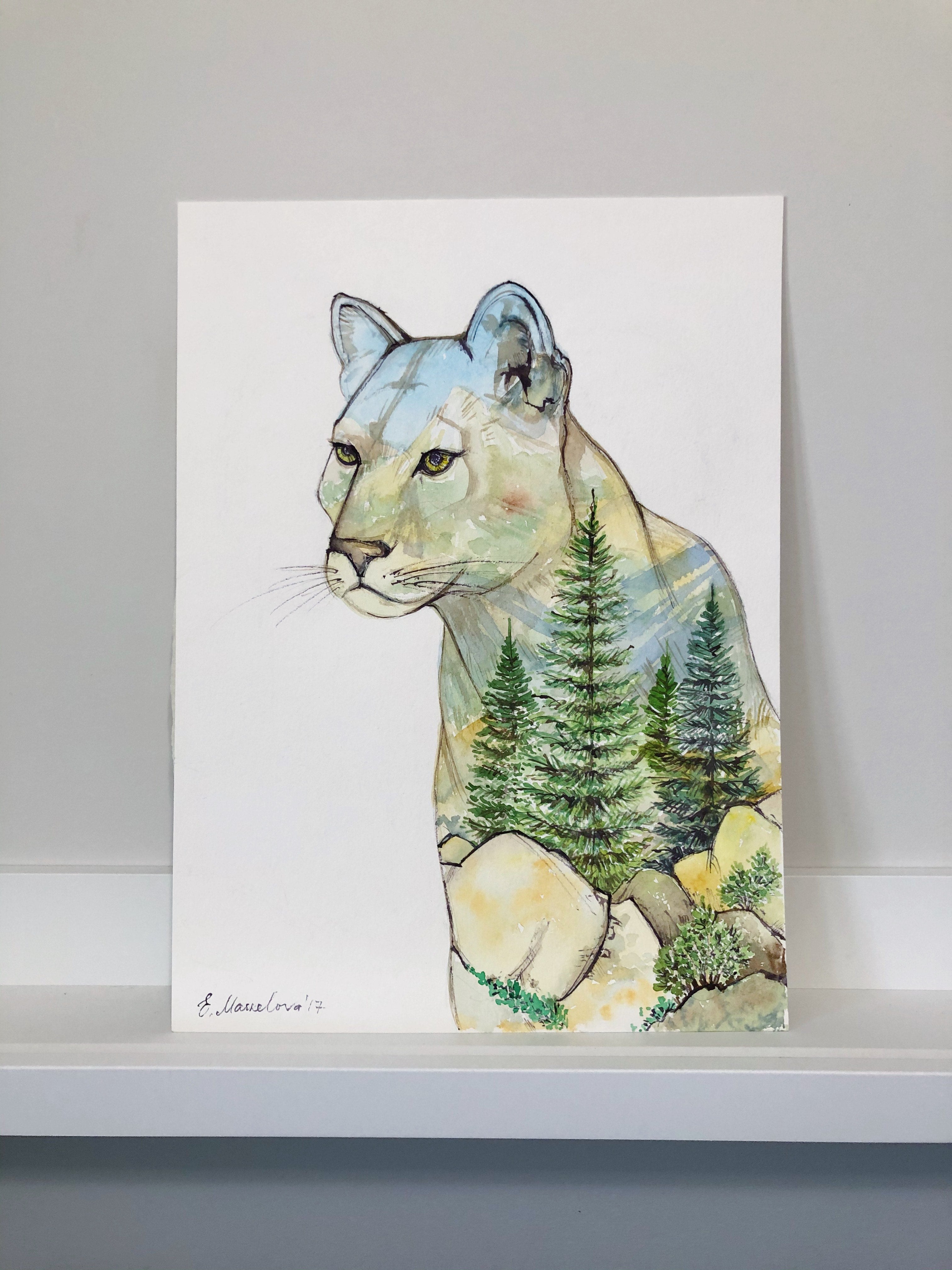 "Big Mountain Cat" Cougar Double Exposure Mountains & Forest Original Watercolour Painting