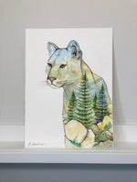 Load image into Gallery viewer, &quot;Big Mountain Cat&quot; Cougar Double Exposure Mountains &amp; Forest Original Watercolour Painting
