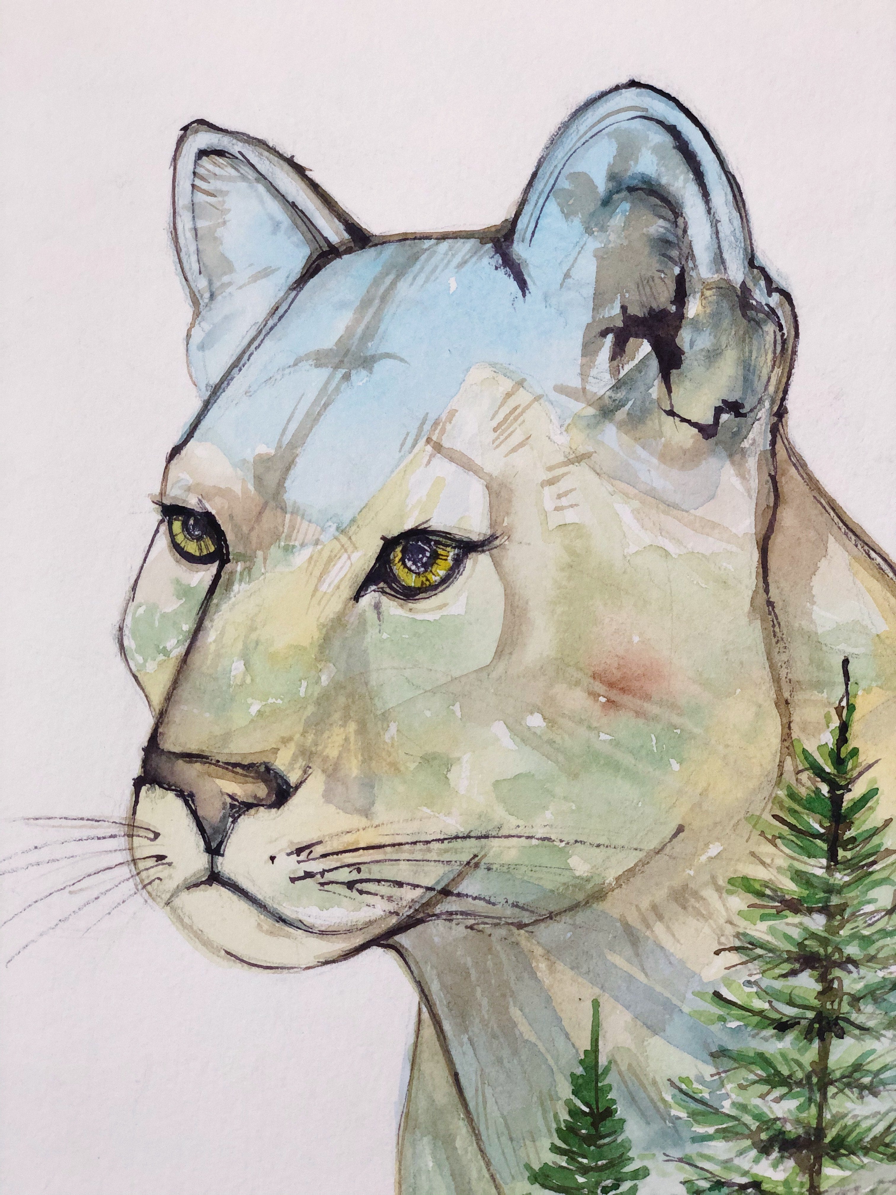 "Big Mountain Cat" Cougar Double Exposure Mountains & Forest Original Watercolour Painting