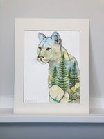 Load image into Gallery viewer, &quot;Big Mountain Cat&quot; Cougar Double Exposure Mountains &amp; Forest Original Watercolour Painting
