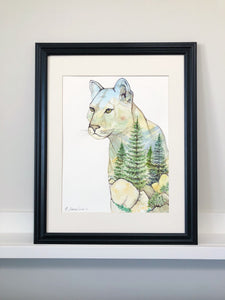 "Big Mountain Cat" Cougar Double Exposure Mountains & Forest Original Watercolour Painting