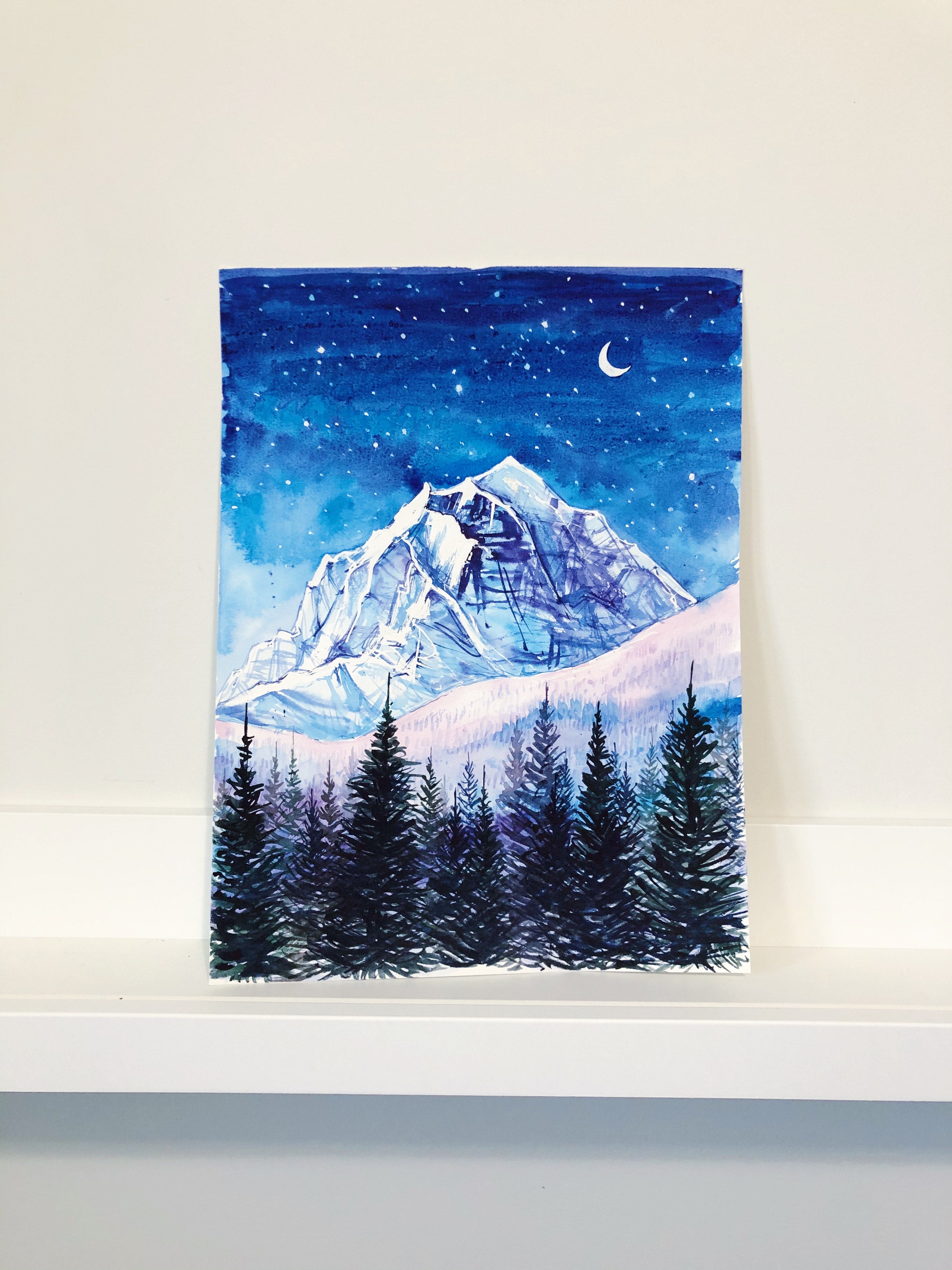 "Night Edges" Mt Temple - Original Watercolour Mountain Night Landscape Painting