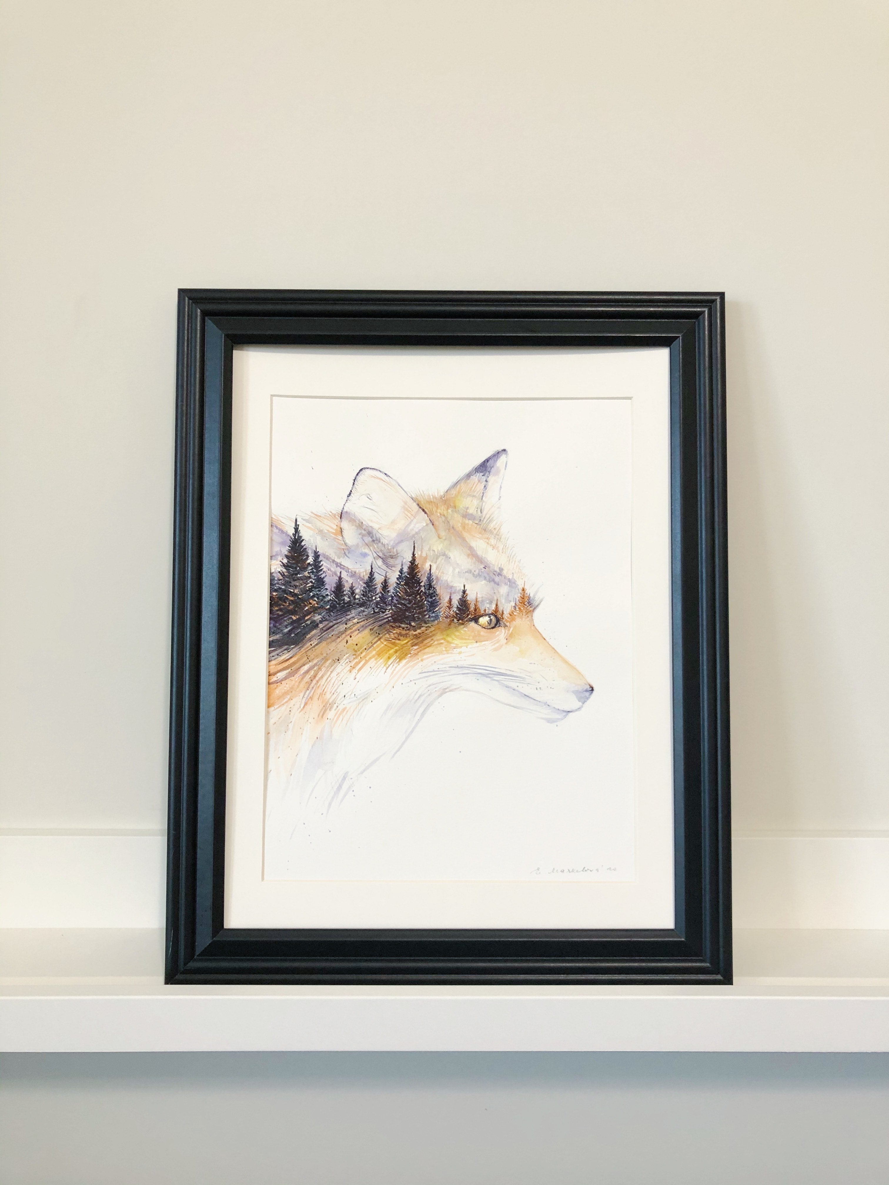 "Little Fox Portrait" Double Exposure Mountains and Forest Original Watercolour Painting