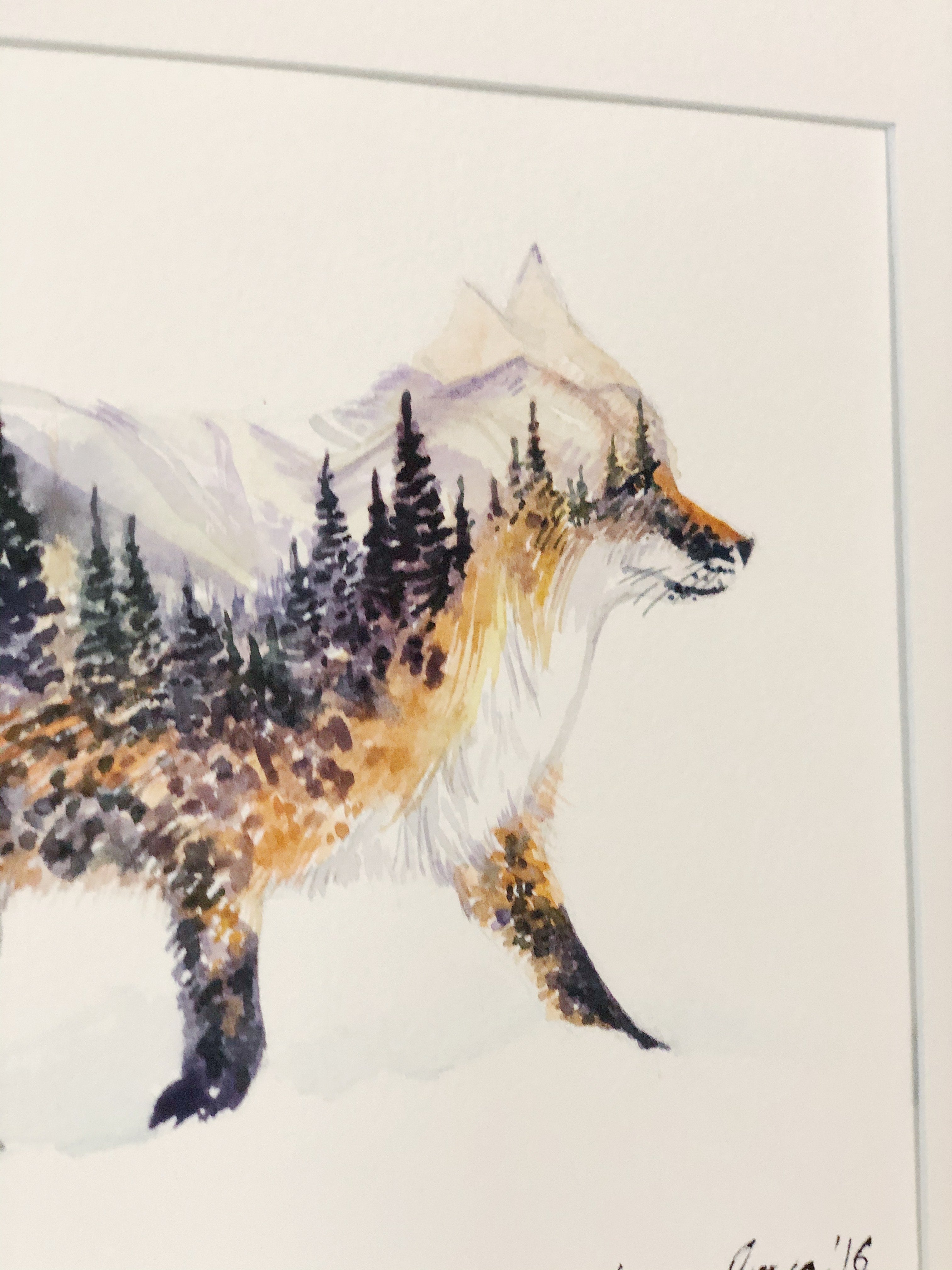 "The Little Fox" Double Exposure Mountains and Forest Original Watercolour Painting