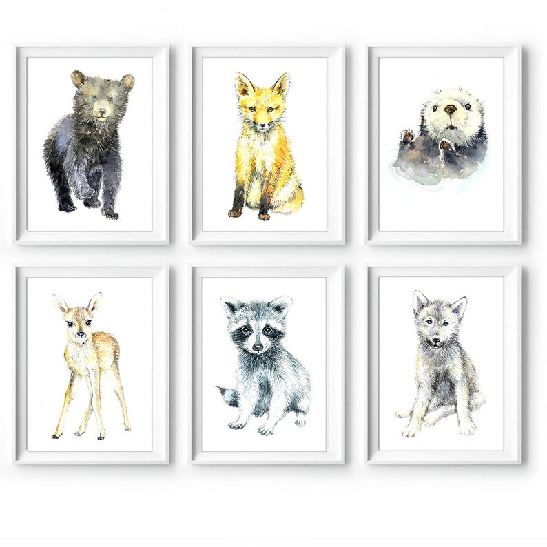 Baby Wolf Watercolour Nursery Print set
