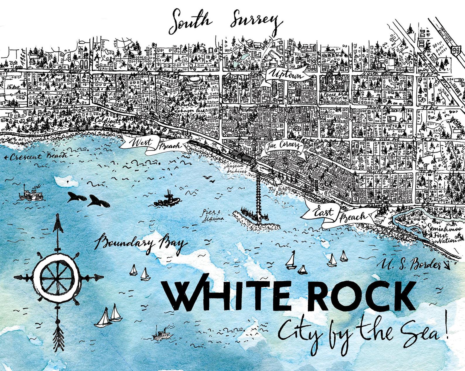 White Rock, BC Map - Watercolour Print