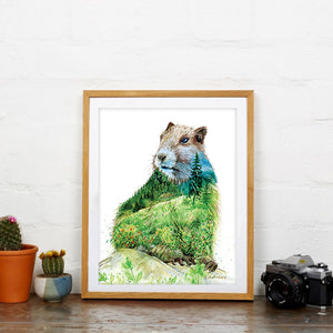 "Alan" Vancouver Island Marmot Watercolor Art Print - Double exposure Mountain Forest Painting