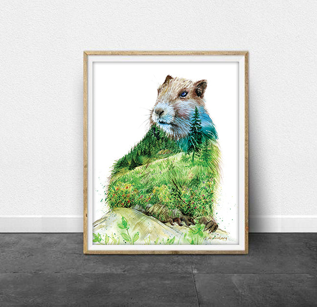 "Alan" Vancouver Island Marmot Watercolor Art Print - Double exposure Mountain Forest Painting