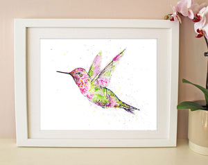 "Anna's Hummingbird" Floral Watercolor Art Print - Double Exposure Painting