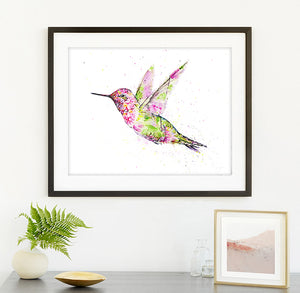"Anna's Hummingbird" Floral Watercolor Art Print - Double Exposure Painting