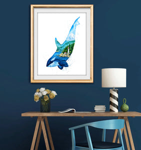 "Beacon" Orca Killer Whale - Spirit Animal Double Exposure Watercolor Art Print