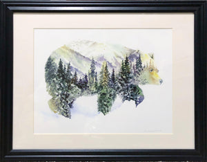 "Aurora Bear" Watercolor Art Print - Double exposure Night Sky Northern Lights Painting