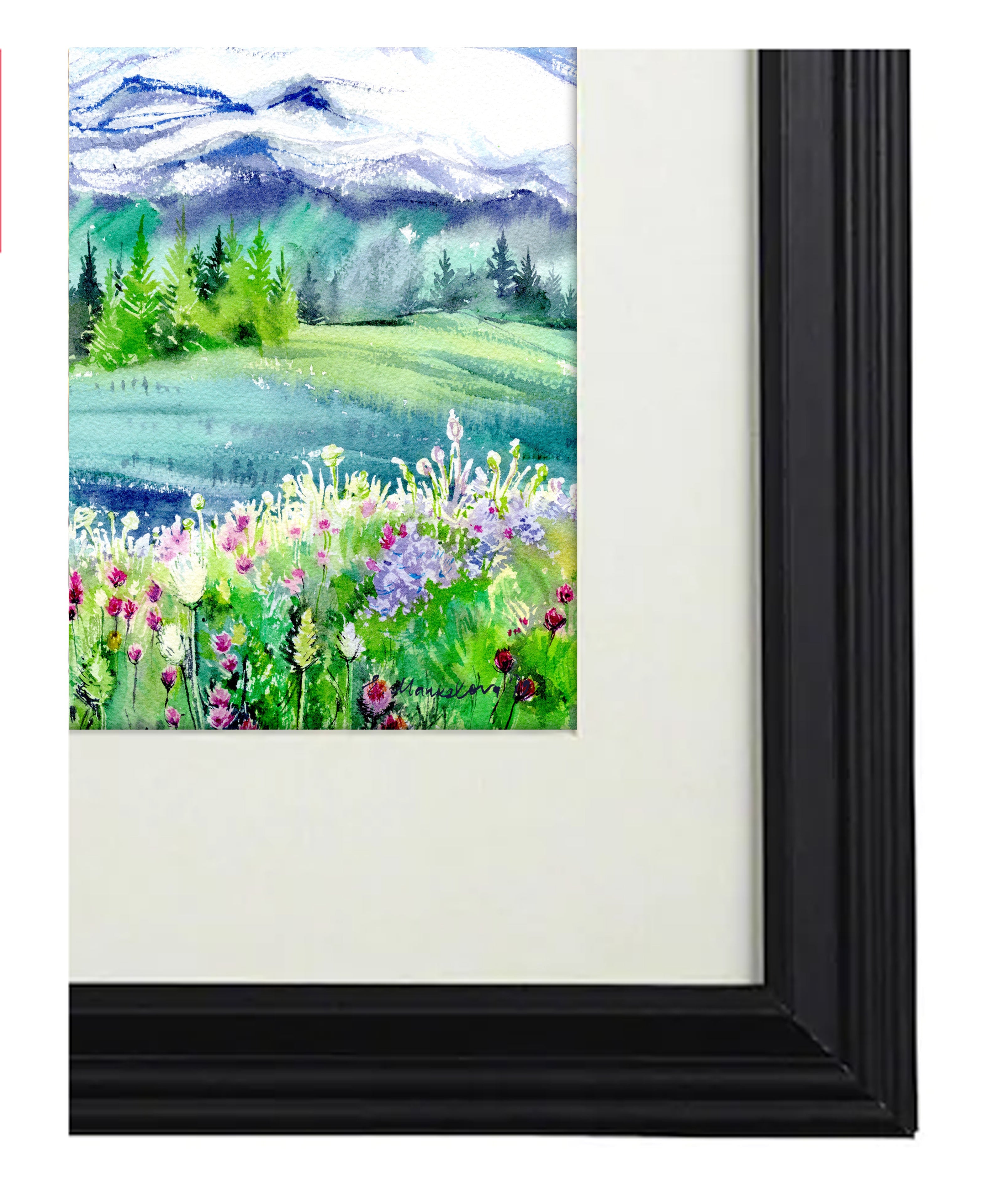 "Flower Girl" Black bear Watercolor Art Print - Double exposure Mountain wild flowers Painting