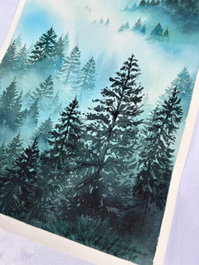 "Enchanted Forest" Misty Forest Watercolor Art Print