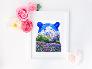 "Flower Girl" Black bear Watercolor Art Print - Double exposure Mountain wild flowers Painting
