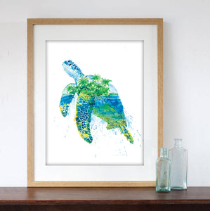 "Honu" Green Sea Turtle Tropical Watercolor Art Print - Double Exposure Painting