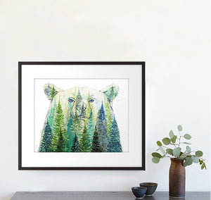 "King of the Forest" Grizzly Bear Watercolor Art Print - Double Exposure Painting