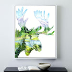 Load image into Gallery viewer, &quot;Mighty&quot;Moose Watercolor Art Print - Double exposure Painting
