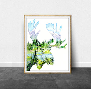 "Mighty"Moose Watercolor Art Print - Double exposure Painting
