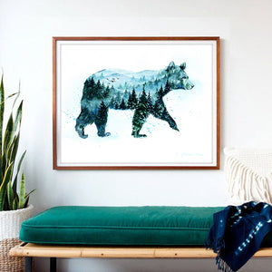 "Misty Bear" Watercolor Art Print - Double exposure Fog Mountains Forest Painting