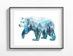 "Mountain Bear" Watercolor Art Print - Double exposure Fog Mountains Forest Painting